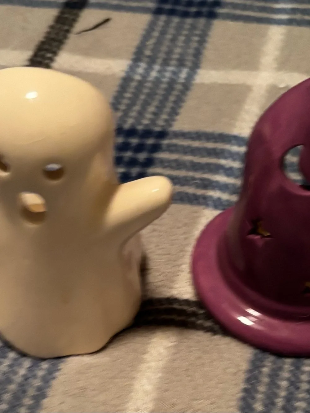 Ceramic Ghost Salt Shaker and Purple Tea Light Holder - Cream & Purple